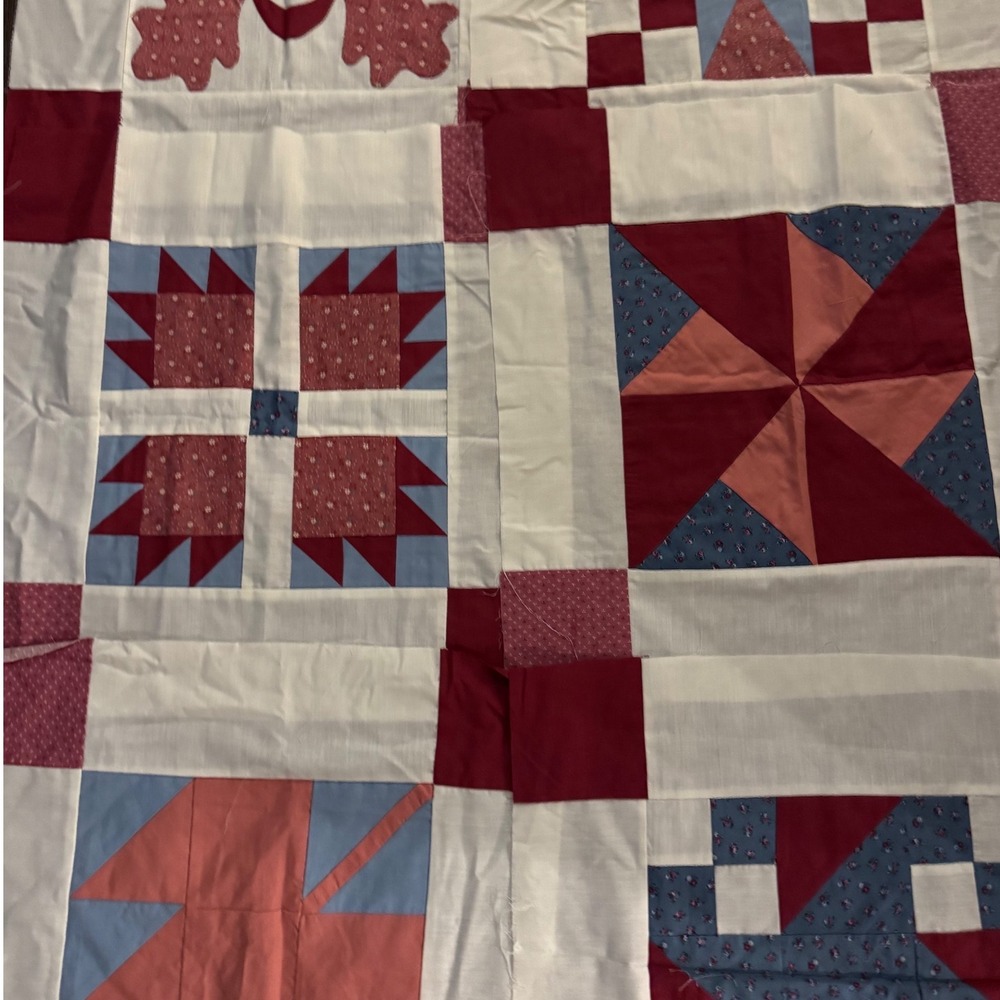 Handmade Quilt Top Panels 12 Vintage Patchwork Red White Blue Cotton - Picture 3 of 16